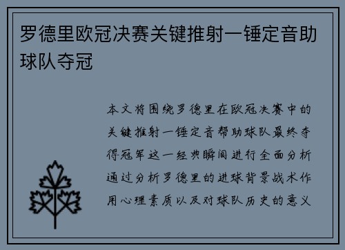 罗德里欧冠决赛关键推射一锤定音助球队夺冠