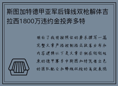 斯图加特德甲亚军后锋线双枪解体吉拉西1800万违约金投奔多特